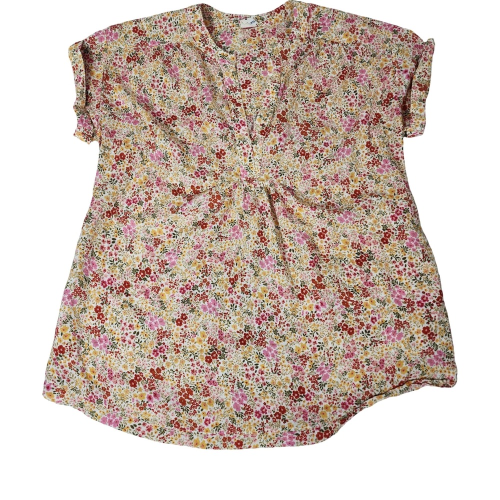 Ivy Jane Womens XS Floral V-Neck Pleated Cuffed Short Sleeve Blouse Multicolor